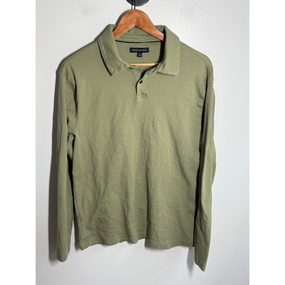 Banana Republic Mens Long Sleeve Polo Shirt Olive Green Cotton Jersey Size L